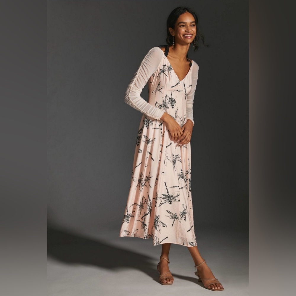 Anthropologie Blush Dress with Black Dragonfly Design